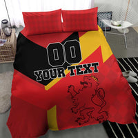 Red Spain flag bedding set with yellow diagonal stripe, lion crest, and two matching pillowcases.
