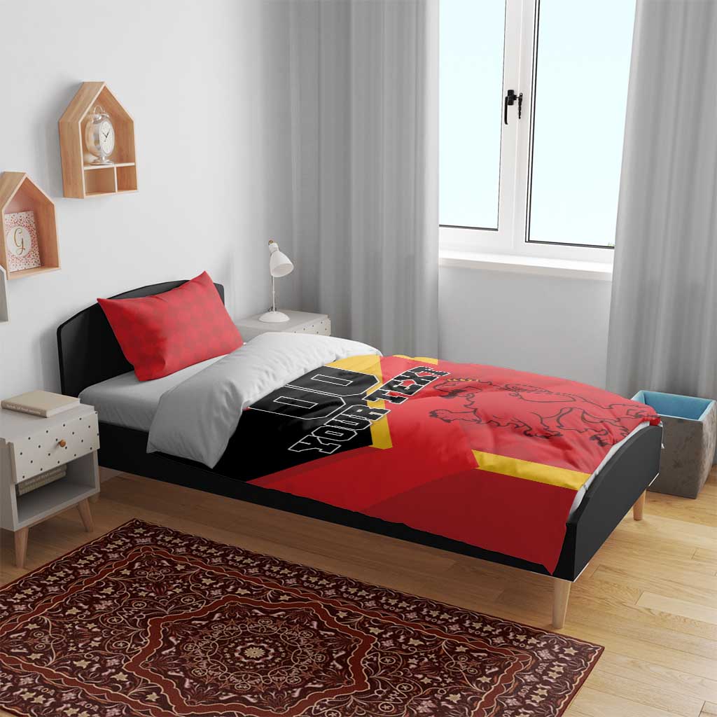 Spain flag bedding set with red top, black stripe, yellow diagonal, and lion crest on comforter.