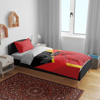Spain flag bedding set with red top, black stripe, yellow diagonal, and lion crest on comforter.