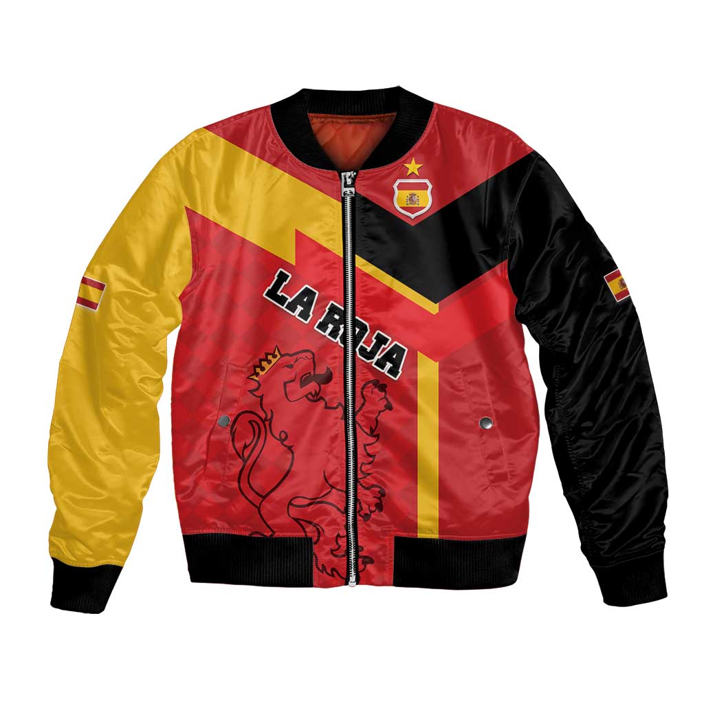 Unisex Spain bomber jacket, red yellow black panels, front zipper, ribbed cuffs