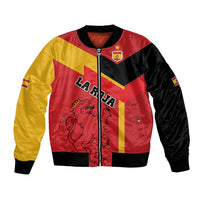 Unisex Spain bomber jacket, red yellow black panels, front zipper, ribbed cuffs