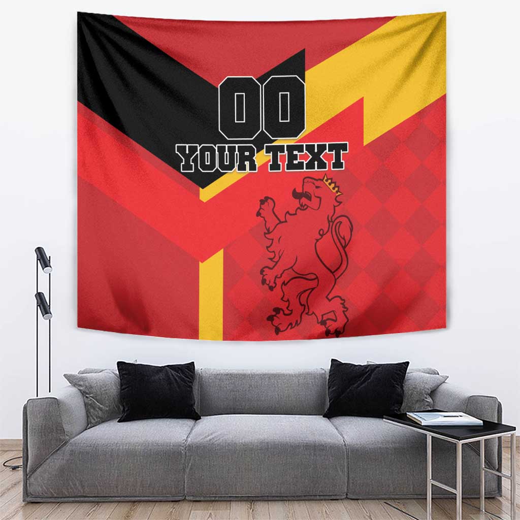 Spain flag football tapestry in red, yellow, and black with lion crest, 'YOUR TEXT,' and 00