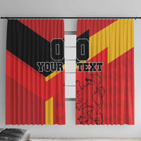 Two Spain flag curtains in red, black, and gold with custom text and lion crest