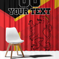 Red Spain-themed curtain panel with bold black custom text and lion crest graphic