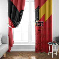 Two red window curtains with Spain flag stripes, custom text blocks, and lion crest