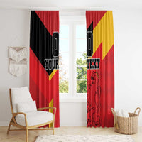 Red window curtains with black Spain flag stripes, custom text, and lion crest design