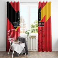 Red window curtain set with Spain flag pattern, custom text, and black lion crest artwork