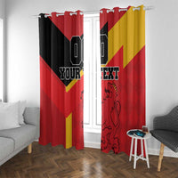 Red window curtain pair with Spain flag pattern, custom text, and black lion crest