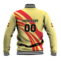 Spain football baseball jacket back: 'YOUR TEXT' and '00' on yellow-red panel