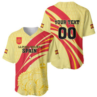 Yellow and red Spain-style baseball jersey front and back view, crest and YOUR TEXT