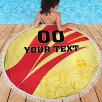 Round beach blanket with 'YOUR TEXT' and gold cathedral icon, fringed edge