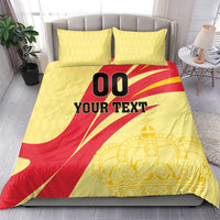 Yellow/red football bedding set with crown art, black '00' and 'YOUR TEXT'.