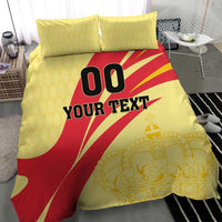Yellow/red football bedding set with crown art, black '00' and 'YOUR TEXT' on duvet.