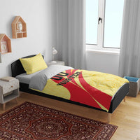 Yellow/red football bedding set with crown art; matching yellow pillowcases.