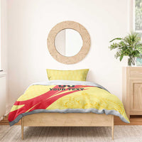 Yellow/red football bedding set with crown art and black '00 YOUR TEXT' on duvet.