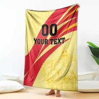 Spain football blanket hanging upright, yellow/red '00 YOUR TEXT' with gold crown