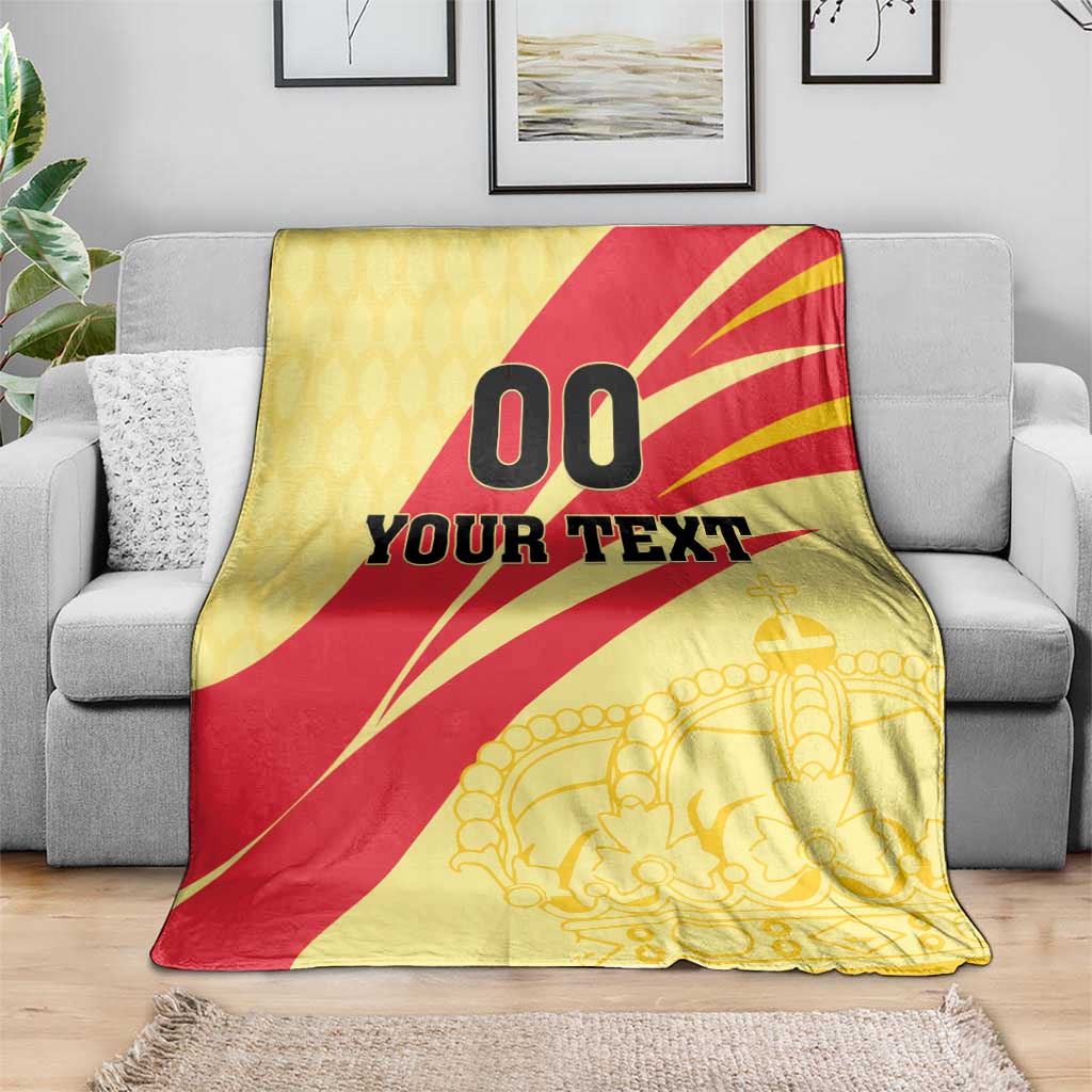 Spain football blanket, yellow/red design with '00 YOUR TEXT' and gold crown