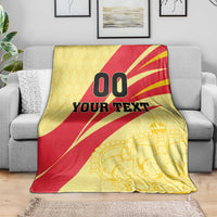 Spain football blanket, yellow/red design with '00 YOUR TEXT' and gold crown