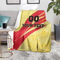 Spain football blanket on chair, yellow/red '00 YOUR TEXT' with gold crown print