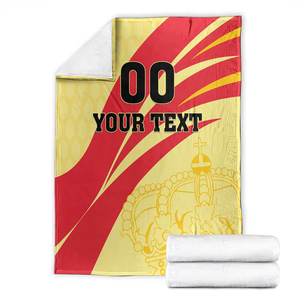 Spain football blanket folded with towels, yellow/red '00 YOUR TEXT' and gold crown