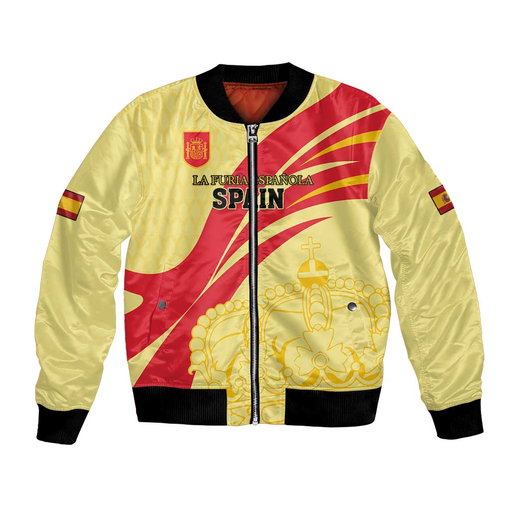 Yellow bomber jacket with red Spain crest graphic, zip front, ribbed cuffs