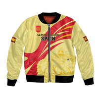 Yellow bomber jacket with red Spain crest graphic, zip front, ribbed cuffs