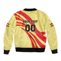 Yellow bomber jacket back with red diagonal stripes and YOUR TEXT '00' print