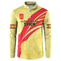 Yellow Spain-themed sweatshirt with button placket, red diagonal stripe front and crown illustration.
