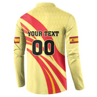 Yellow sweatshirt with button placket, back “YOUR TEXT” print and red diagonal stripe with “00”.