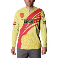 Yellow Spain-themed sweatshirt with button placket, front crest, “SPAIN” text, and crown graphic.
