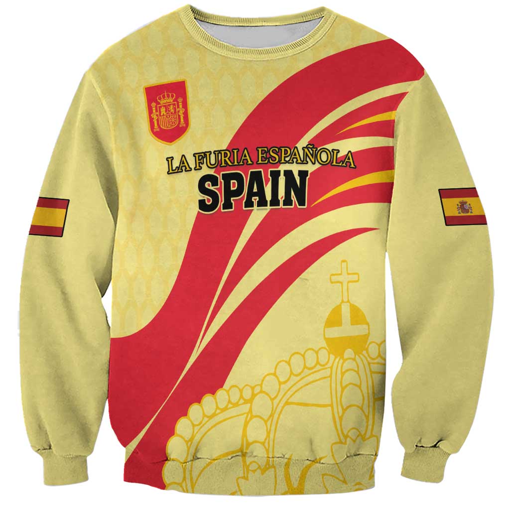 Yellow Spain football sweatshirt with crest and Spain text graphic, crew neck, long sleeves