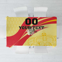 Yellow and red tablecloth panel with large '00' and placeholder 'YOUR TEXT'