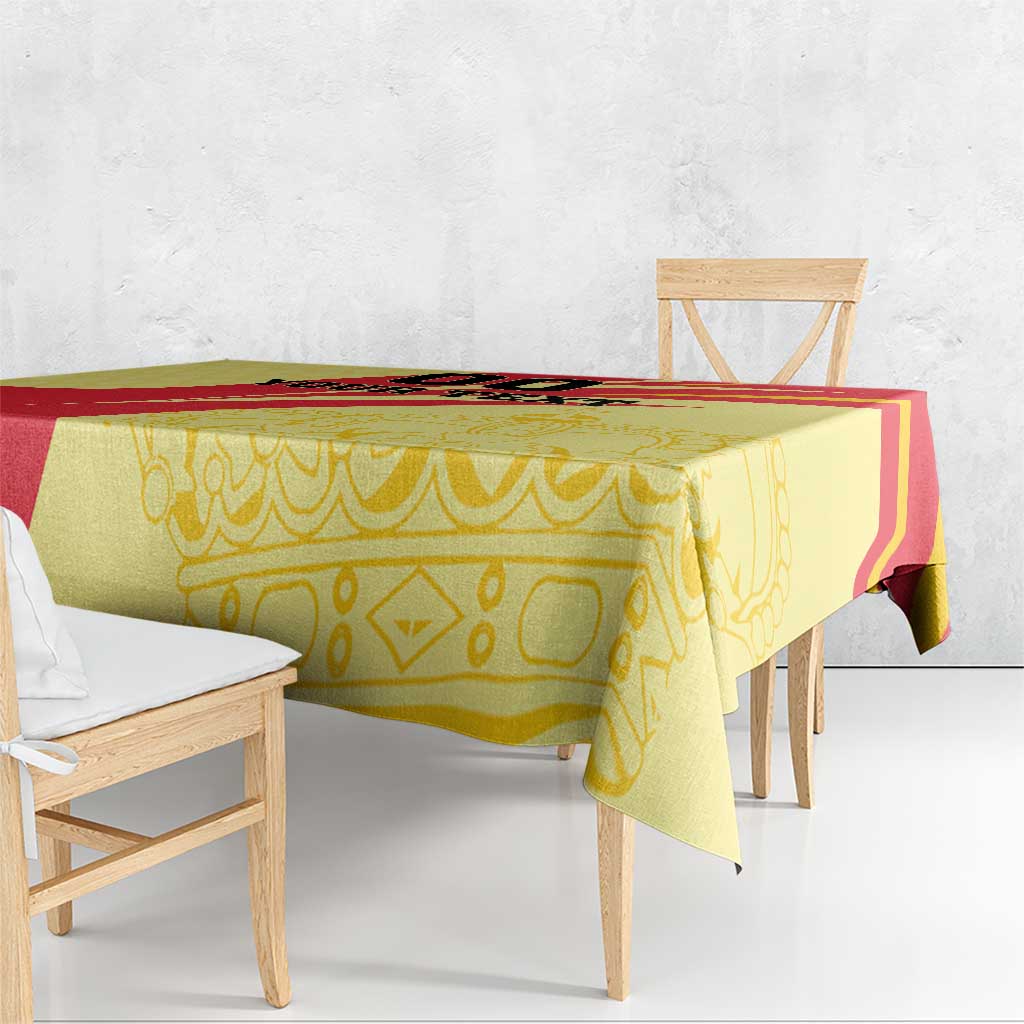 Yellow and red Spain-style tablecloth with gold emblem and crown pattern