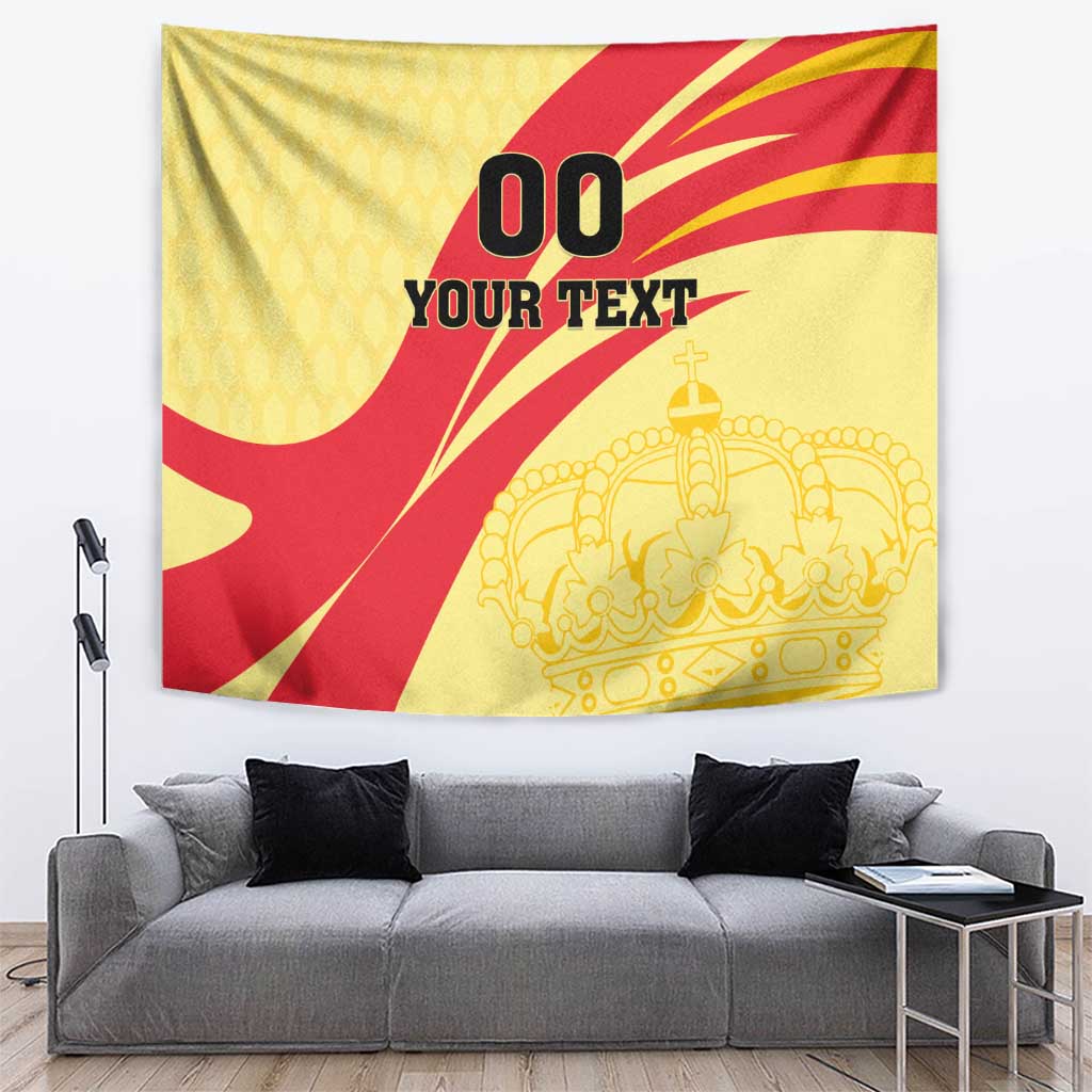 Yellow and red Spain-style wall tapestry with crown emblem and "YOUR TEXT"