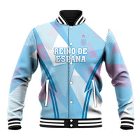 Spain football varsity jacket in blue and white with striped collar, cuffs, and hem