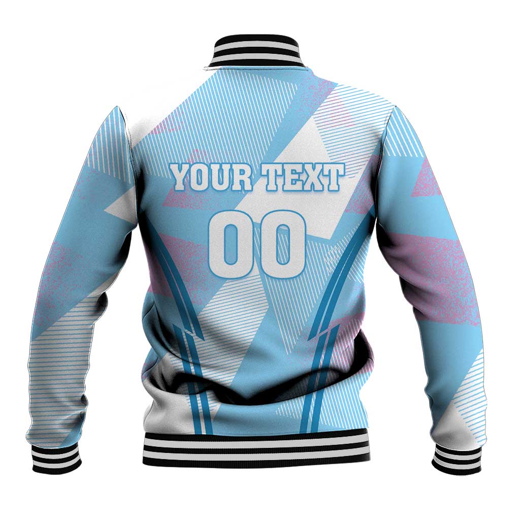 Blue baseball jacket back with 'YOUR TEXT' and '00', ribbed collar, black hem and cuffs