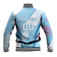 Blue baseball jacket back with 'YOUR TEXT' and '00', ribbed collar, black hem and cuffs