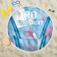 Blue round beach blanket with fringe, star and crown graphic, customizable text