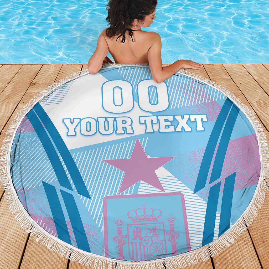 Blue round beach blanket with fringe, striped background, star and crown graphic