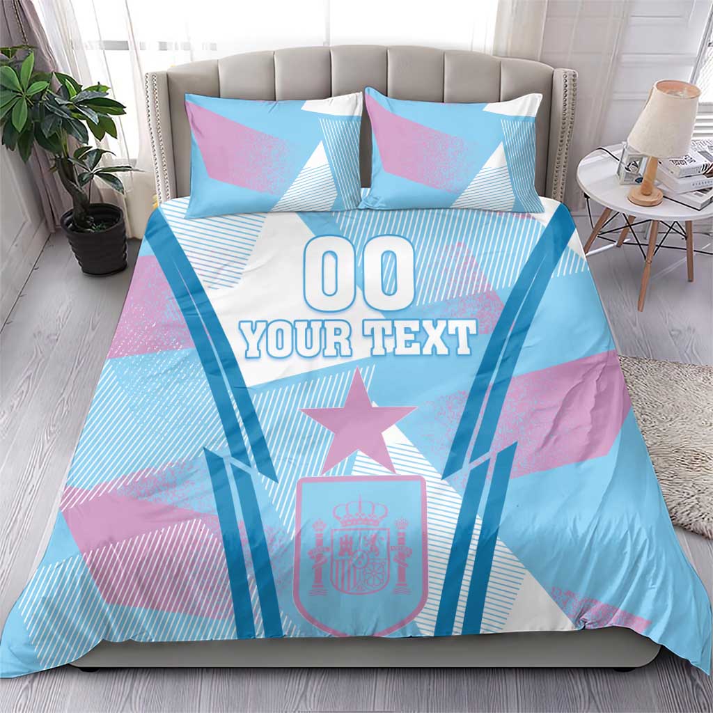 Football bedding set with blue and purple stripes, star emblem, and 'YOUR TEXT' on duvet