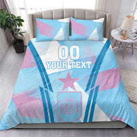 Football bedding set with blue and purple stripes, star emblem, and 'YOUR TEXT' on duvet