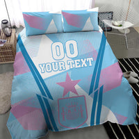 Football bedding set with blue and purple geometric design, star graphic, and two pillowcases