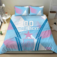 Football bedding set with blue and purple layout, star emblem, 'YOUR TEXT' text on duvet