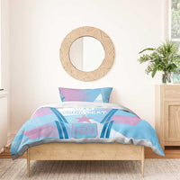 Football bedding set with blue and purple geometric pattern, star, and two matching pillowcases