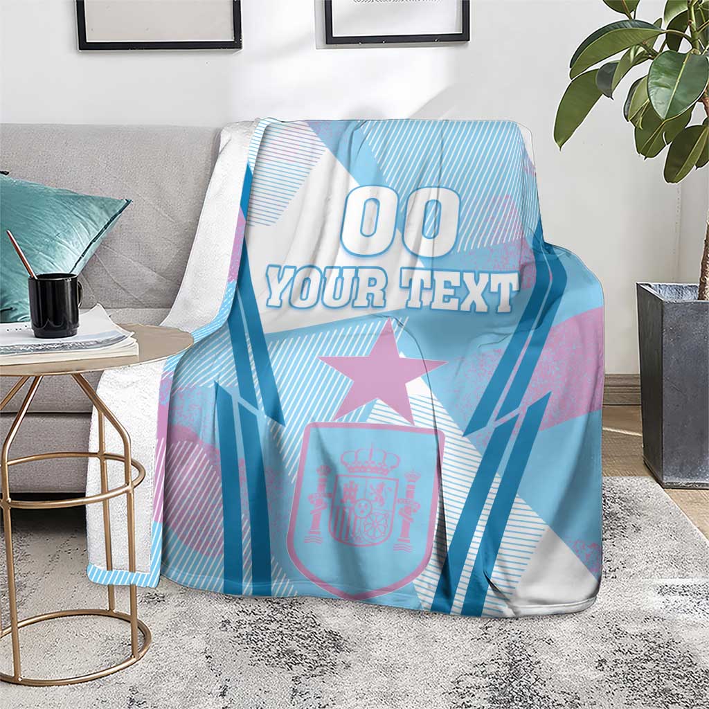 Blue football blanket with white “YOUR TEXT,” pink star, and crest shield graphic