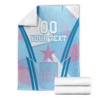 Blue football-themed blanket with white lettering, pink star, and crest shield graphic