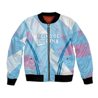 Unisex Spain bomber jacket with blue, white, and pink geometric print
