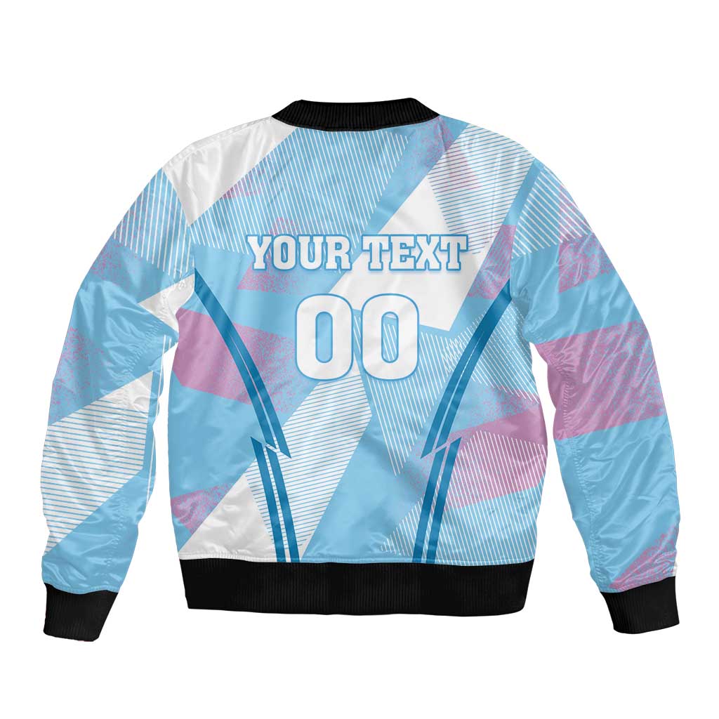 Unisex bomber jacket with zip, black ribbed trim, back graphic 'YOUR TEXT' and '00'