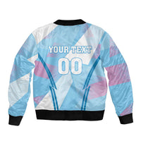 Unisex bomber jacket with zip, black ribbed trim, back graphic 'YOUR TEXT' and '00'