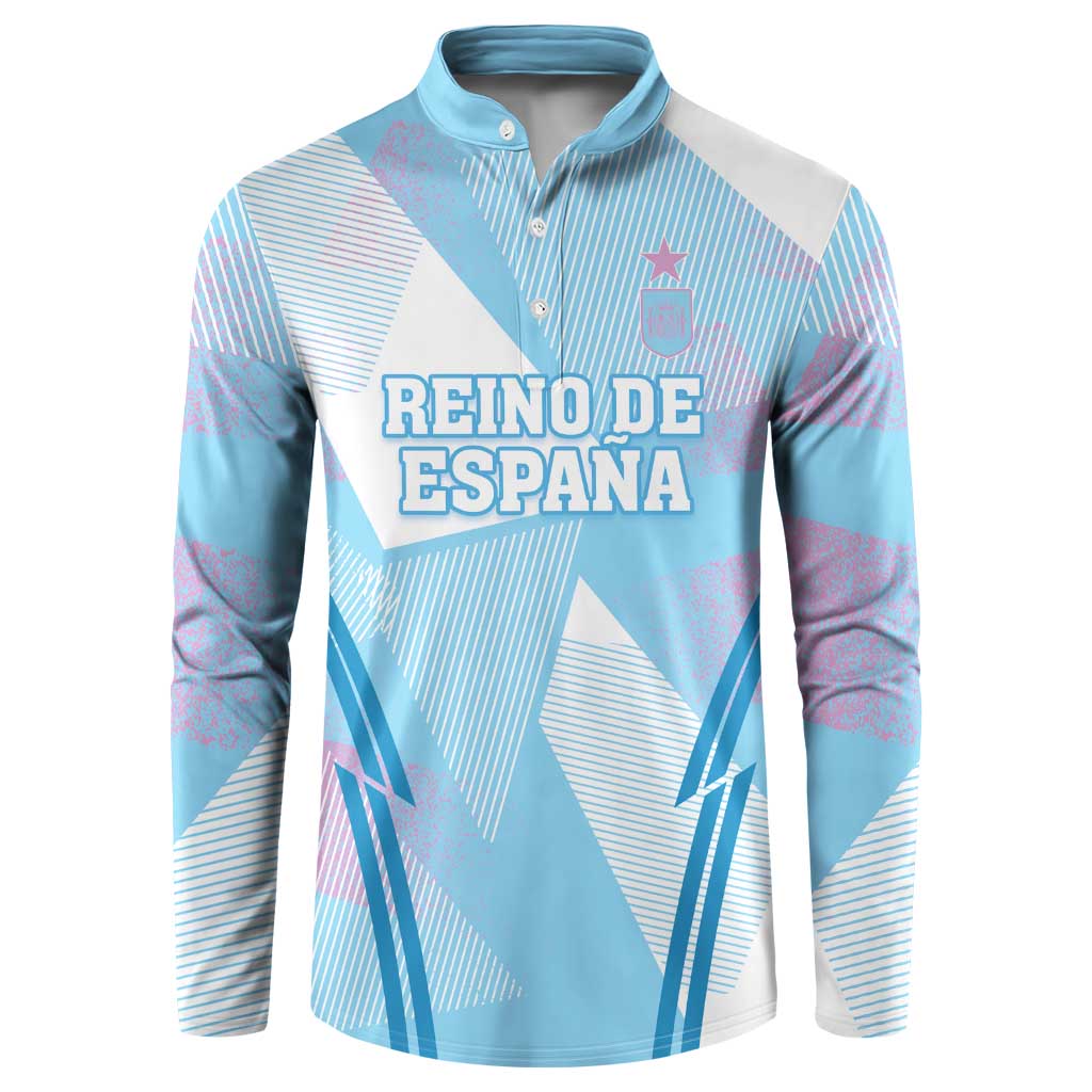 Blue long-sleeve button sweatshirt with front crest and “REINO DE ESPANA” graphic